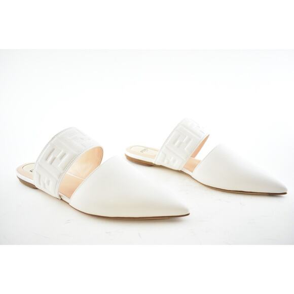 Fendi Motif FF Logo Snow White Leather Pointed Toe Ballerina Ballet Mule Flat 37 - Picture 2 of 12